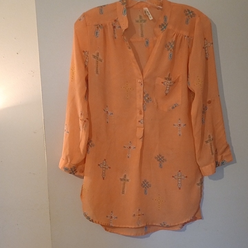 Womens Orange Button-Up Silky Blouse with Cross Pattern Size Medium - Picture 2 of 7